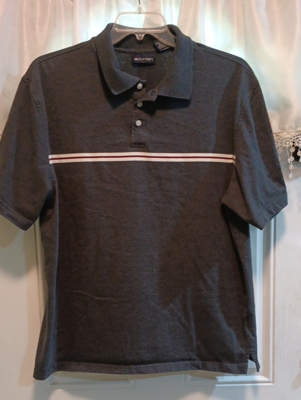 Puritan Charcoal Polo with White and Burgundy Chest Stripe